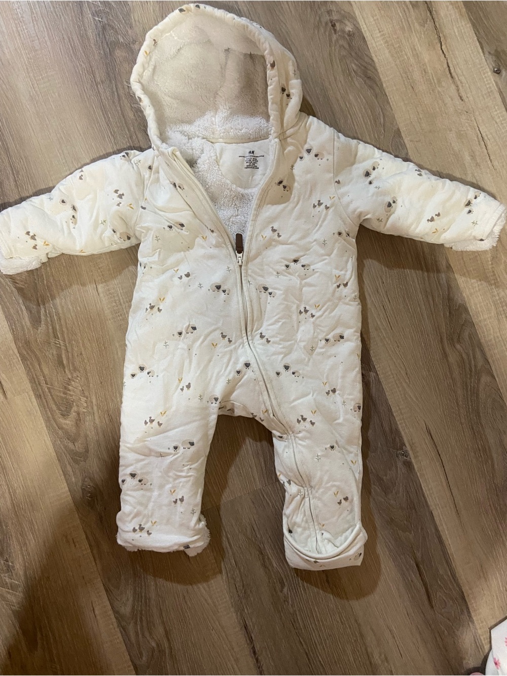 H&M Cream Hooded Baby One-Piece Footie with Neutral Print